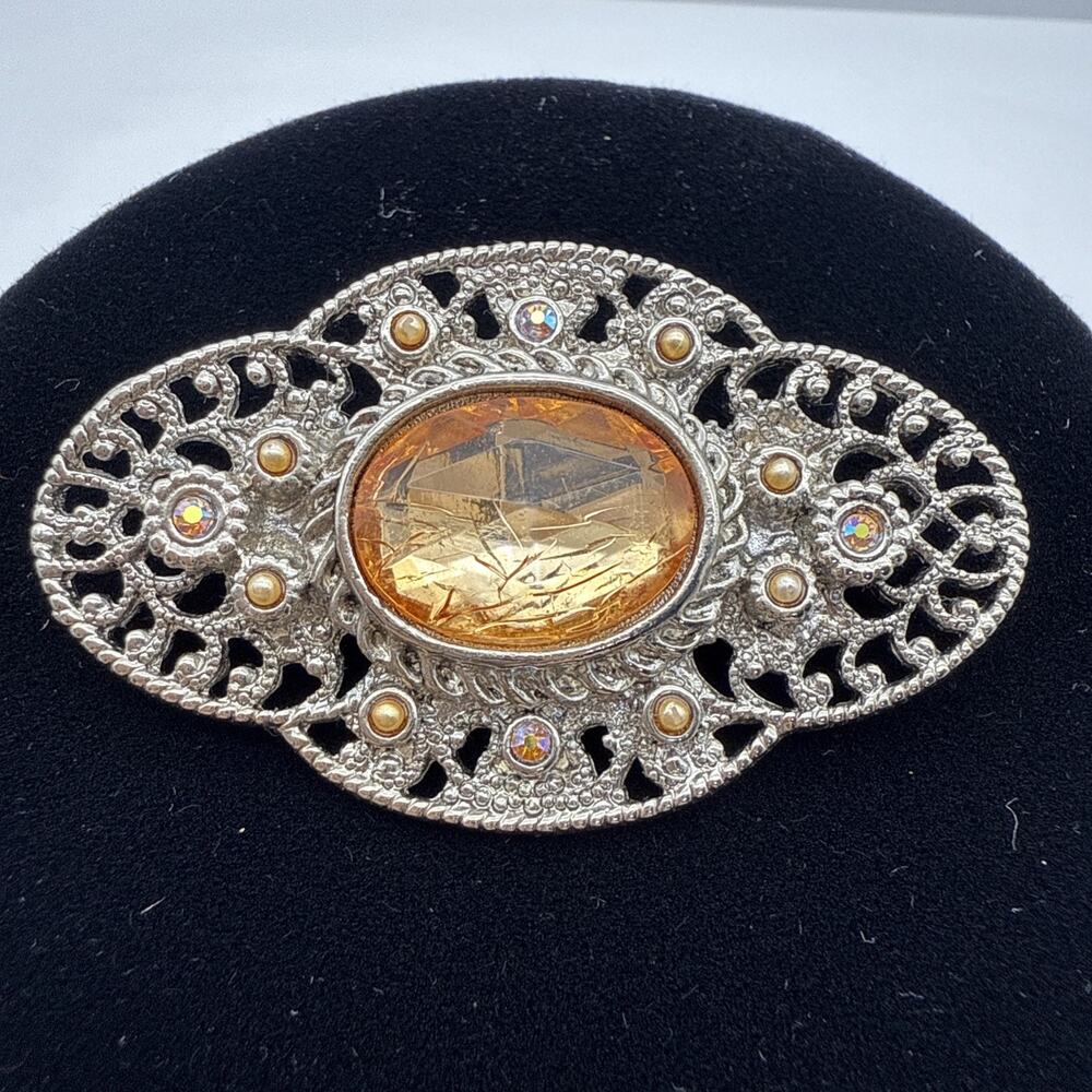 Vintage Peach Lucite Cabochon Victorian Bridgerton Style Brooch Pin READ